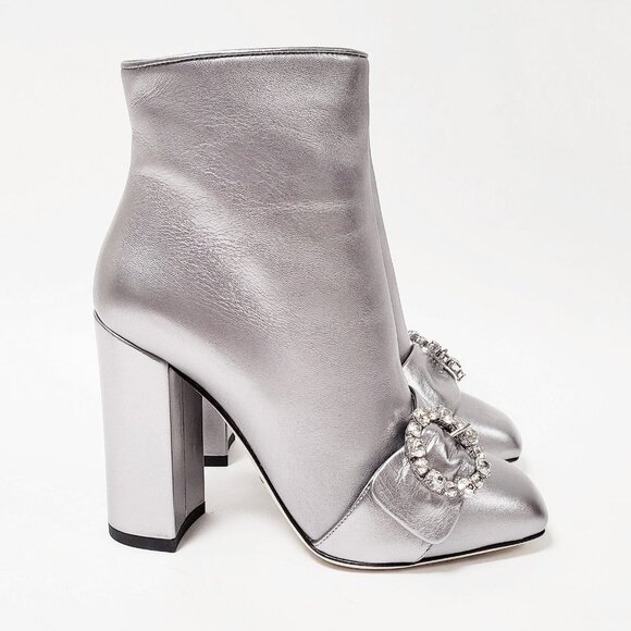 DOLCE & GABBANA BOOTS ANKLE METALLIC SILVER LEATHER JEWELED BUCKLE IT 38 US 7.5 - Picture 6 of 13
